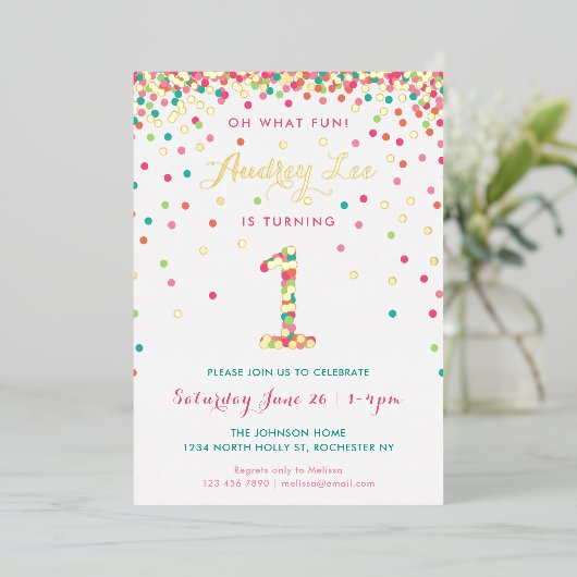 Echte Folie 1e verjaardag Uitnodigingen, Roze Conf Folie Uitnodiging (Staand Voorkant)