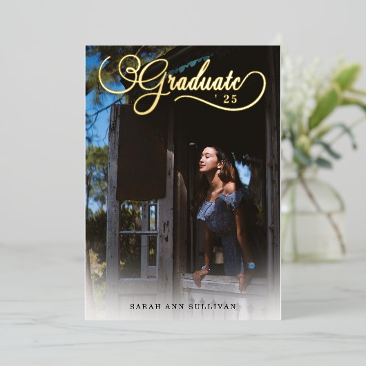 Echte Folie 2 zijdige foto Afstuderen uitnodiging (Staand Voorkant)