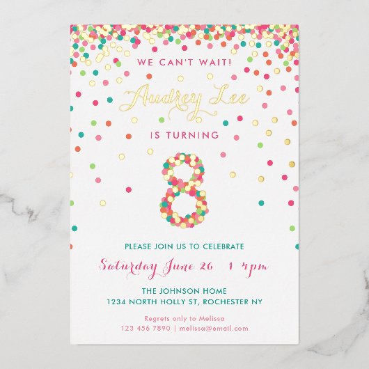 Echte Folie 8e verjaardag Uitnodigingen, Roze Conf Folie Uitnodiging (Voorkant)