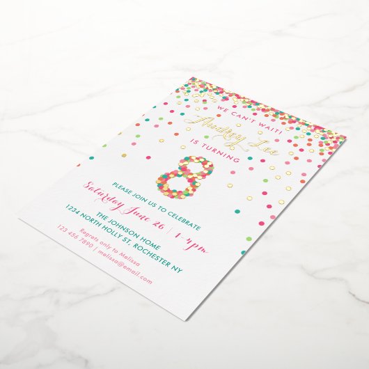 Echte Folie 8e verjaardag Uitnodigingen, Roze Conf Folie Uitnodiging (Gedraaid)