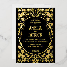 Echte Folie Art Nouveau Bloemen Huwelijk Zwart Uitnodiging