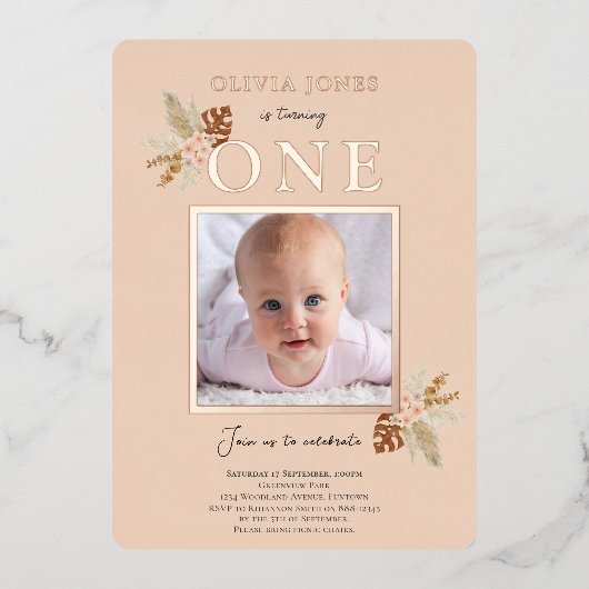 Echte Folie, Bloemen 1e Verjaardagsuitnodiging in  Folie Uitnodiging (Voorkant)