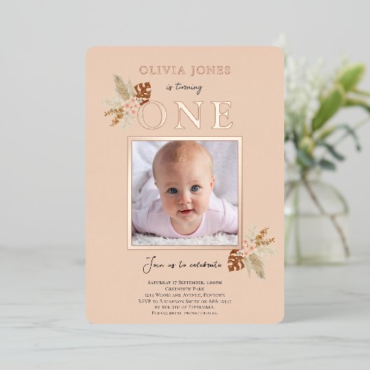 Echte Folie, Bloemen 1e Verjaardagsuitnodiging in  Folie Uitnodiging (Staand Voorkant)