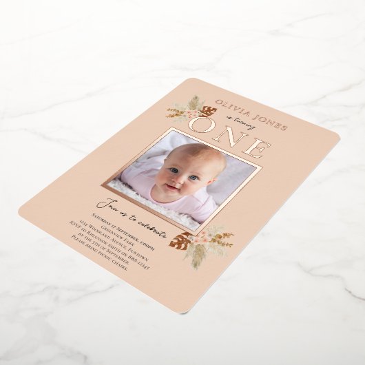 Echte Folie, Bloemen 1e Verjaardagsuitnodiging in  Folie Uitnodiging (Gedraaid)