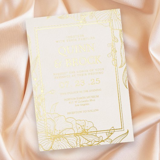 Echte Folie Bloemen Goud Bladerenbruiloft Folie Uitnodiging
