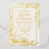 Echte Folie Bloemen Goud Bladerenbruiloft Folie Uitnodiging (Voorkant)