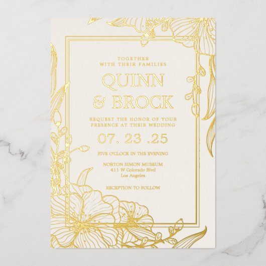 Echte Folie Bloemen Goud Bladerenbruiloft Folie Uitnodiging (Voorkant)