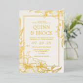 Echte Folie Bloemen Goud Bladerenbruiloft Folie Uitnodiging (Staand Voorkant)