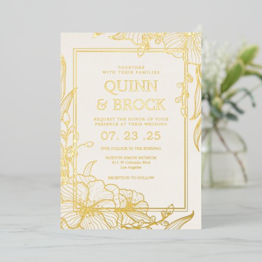 Echte Folie Bloemen Goud Bladerenbruiloft Folie Uitnodiging (Staand Voorkant)
