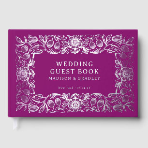 Echte Folie  Bloemen Paarse Zilveren Huwelijk Gastenboek
