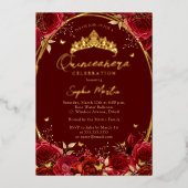 Echte Folie Bloemen Rode Vlinder Tiara Quinceanera Folie Uitnodiging (Voorkant)