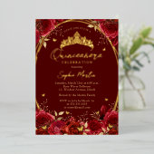 Echte Folie Bloemen Rode Vlinder Tiara Quinceanera Folie Uitnodiging (Staand Voorkant)