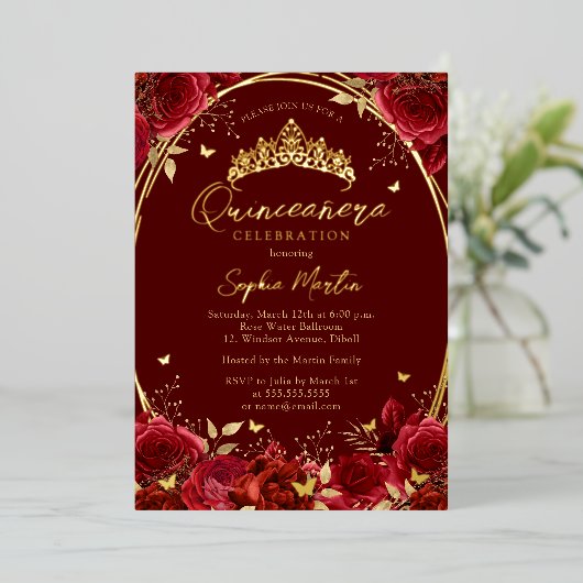 Echte Folie Bloemen Rode Vlinder Tiara Quinceanera Folie Uitnodiging (Staand Voorkant)
