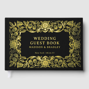 Echte Folie Bloemen Zwart Goud Huwelijk Gastenboek