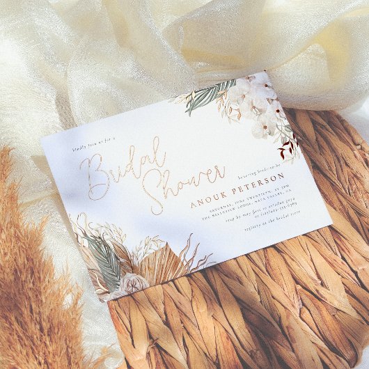 Echte Folie | Boho Orchidee & Pampas Bruidsuitnodi Uitnodiging