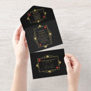 Echte Folie Casino Poker Vegas Art Deco Bruiloft All In One Uitnodiging