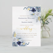 echte folie details blauwe waterverf rozen bruilof folie uitnodiging (Staand Voorkant)