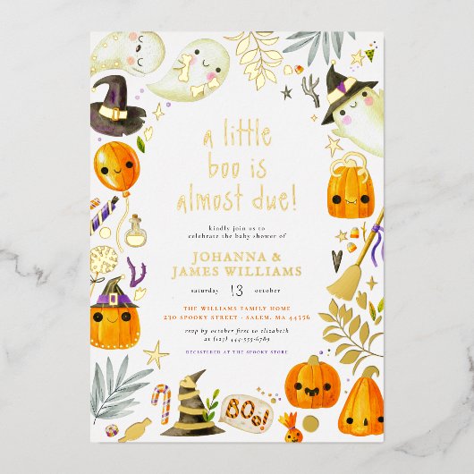 Echte Folie Een kleine Boo Ghost Halloween Baby sh Folie Uitnodiging (Voorkant)