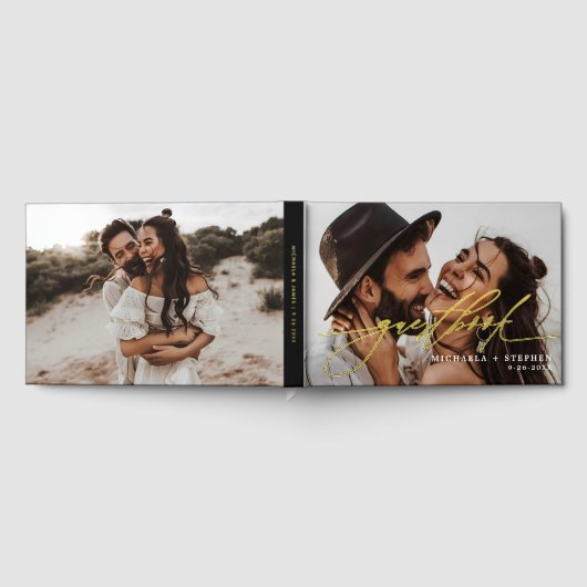*ECHTE FOLIE* Elegant Script 2-foto Modern Wedding Gastenboek (Volledig)
