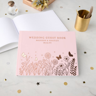 Echte Folie Elegante Bloemen Roze Huwelijk Gastenboek