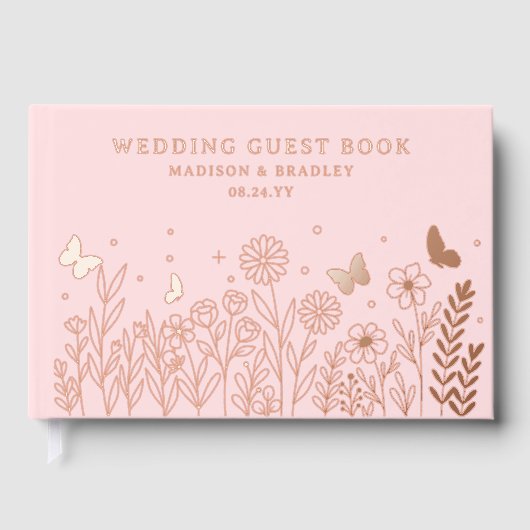 Echte Folie Elegante Bloemen Roze Huwelijk Gastenboek (Voorkant)