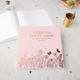 Echte Folie Elegante Bloemen Roze Huwelijk Gastenboek