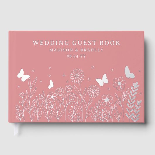 Echte Folie Elegante Bloemen Roze Huwelijk Gastenboek (Voorkant)