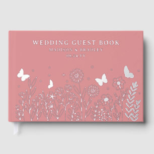 Echte Folie Elegante Bloemen Roze Huwelijk Gastenboek