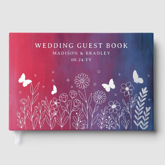 Echte Folie Elegante Rood Blauw Bloemen Huwelijk Gastenboek (Voorkant)