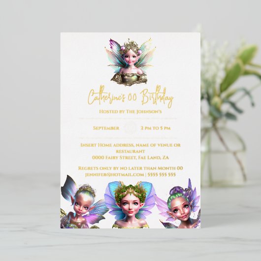 Echte folie fee prinses pixie meisjes DIY leeftijd Folie Uitnodiging (Staand Voorkant)