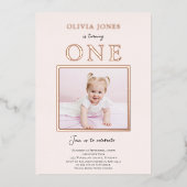 Echte Folie, foto 1e verjaardagsuitnodiging in roz Folie Uitnodiging (Voorkant)