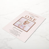 Echte Folie, foto 1e verjaardagsuitnodiging in roz Folie Uitnodiging (Gedraaid)