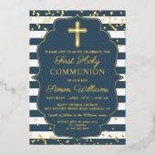 Echte Folie Foto Gold Blue Stripes First Community Folie Uitnodiging (Voorkant)