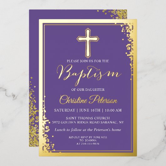 Echte Folie Gold Glitter Lavender Paars Baptisme Uitnodiging (Voorkant / Achterkant)