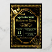 Echte Folie Gotische Zwarte Gouden Schedel Hallowe Folie Uitnodiging (Voorkant)