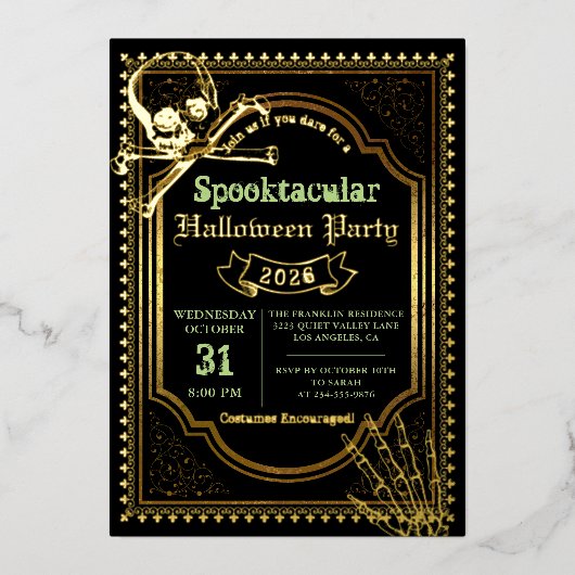 Echte Folie Gotische Zwarte Gouden Schedel Hallowe Folie Uitnodiging (Voorkant)