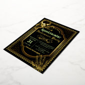 Echte Folie Gotische Zwarte Gouden Schedel Hallowe Folie Uitnodiging (Gedraaid)