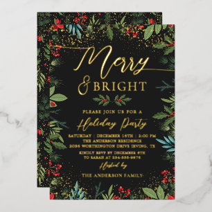 Echte Folie Kerst & Licht Zwart Goud Bloem Kerstfe Uitnodiging