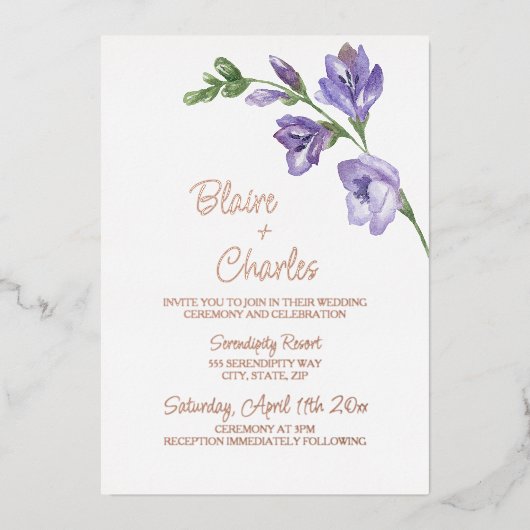 Echte Folie lavendel en groene huwelijksuitnodigin Folie Uitnodiging (Voorkant)