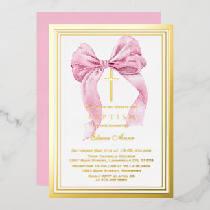 Echte Folie Luxe Goud Roze Boog Meisje Doop Folie  Uitnodiging