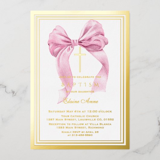 Echte Folie Luxe Goud Roze Bow Meisje Dopen Folie Uitnodiging (Voorkant)