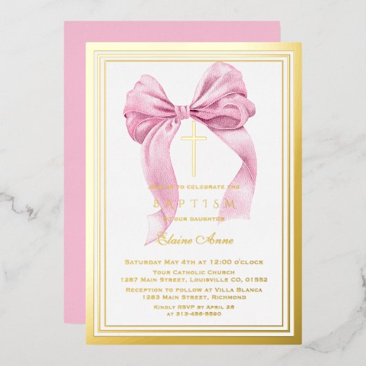 Echte Folie Luxe Goud Roze Bow Meisje Dopen Folie Uitnodiging (Voorkant / Achterkant)