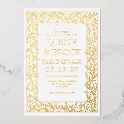 Echte Folie Minimal Leaf Gold Foliage Bruiloft Folie Uitnodiging (Voorkant)