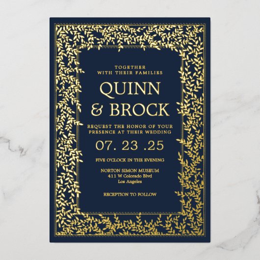 Echte Folie Minimal Leaf Gold Foliage Bruiloft Folie Uitnodiging (Voorkant)