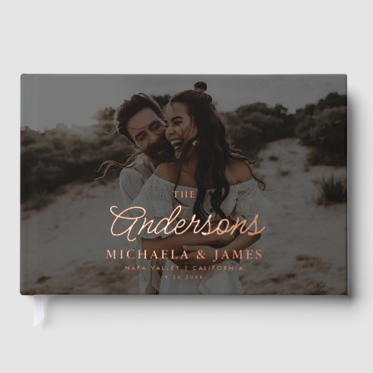 *ECHTE FOLIE* Modern Elegant Script Roos bruiloft Gastenboek (Voorkant)