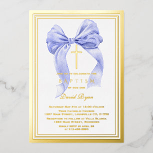 Echte Folie Modern Gold Blue Bow Boy Doop Uitnodiging