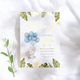 Echte Folie Oh Boy Waterverf Olifant Baby Shower Uitnodiging
