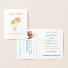 Echte Folie Palm Tree Passport Huwelijksuitnodigin Folie Kaarten