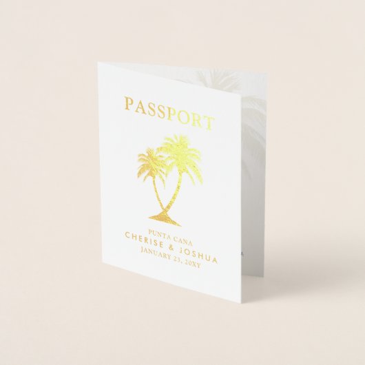 Echte Folie Palm Tree Passport Huwelijksuitnodigin Folie Kaarten (Voorkant)