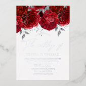 Echte Folie Romantic Red Rose Wedding Silver Folie Uitnodiging (Voorkant)